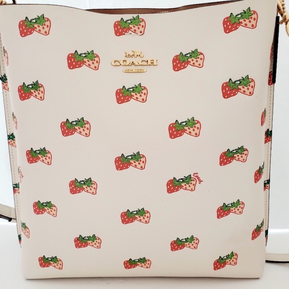 Coach Cream Strawberry Print Leather Tote with Red & Green Accents